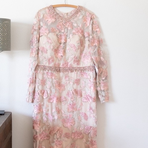 Mac duggal pink lace beaded embellished long sleeves dress  prom / formal gown - Picture 3 of 6